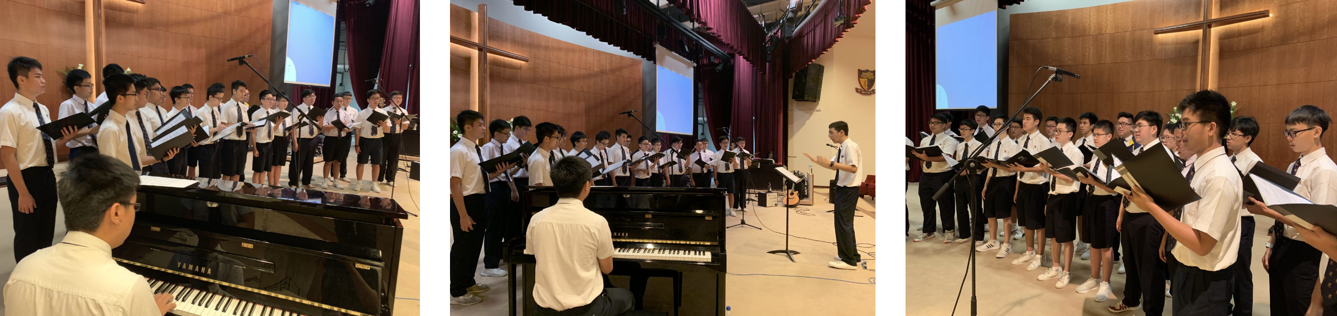 Three photos of a school boys choir in white shirts and dark ties singing, with a pianist at a Yamaha piano on a chapel stage.
